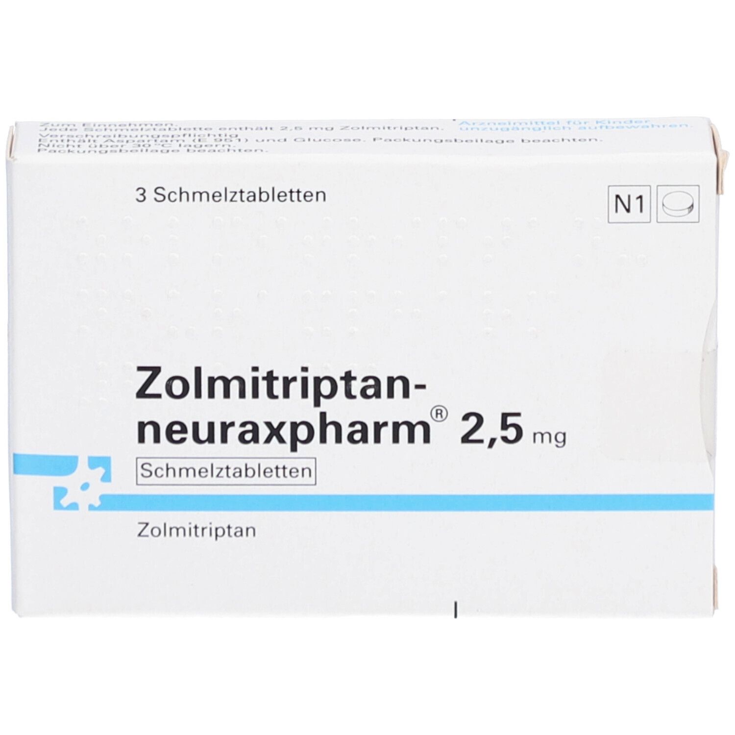 Schachtel mit Zolmitriptan-neuraxpharm® 2,5 mg. Aufschrift: 3 Schmelztabletten. Weiße Verpackung mit blauen Akzenten.