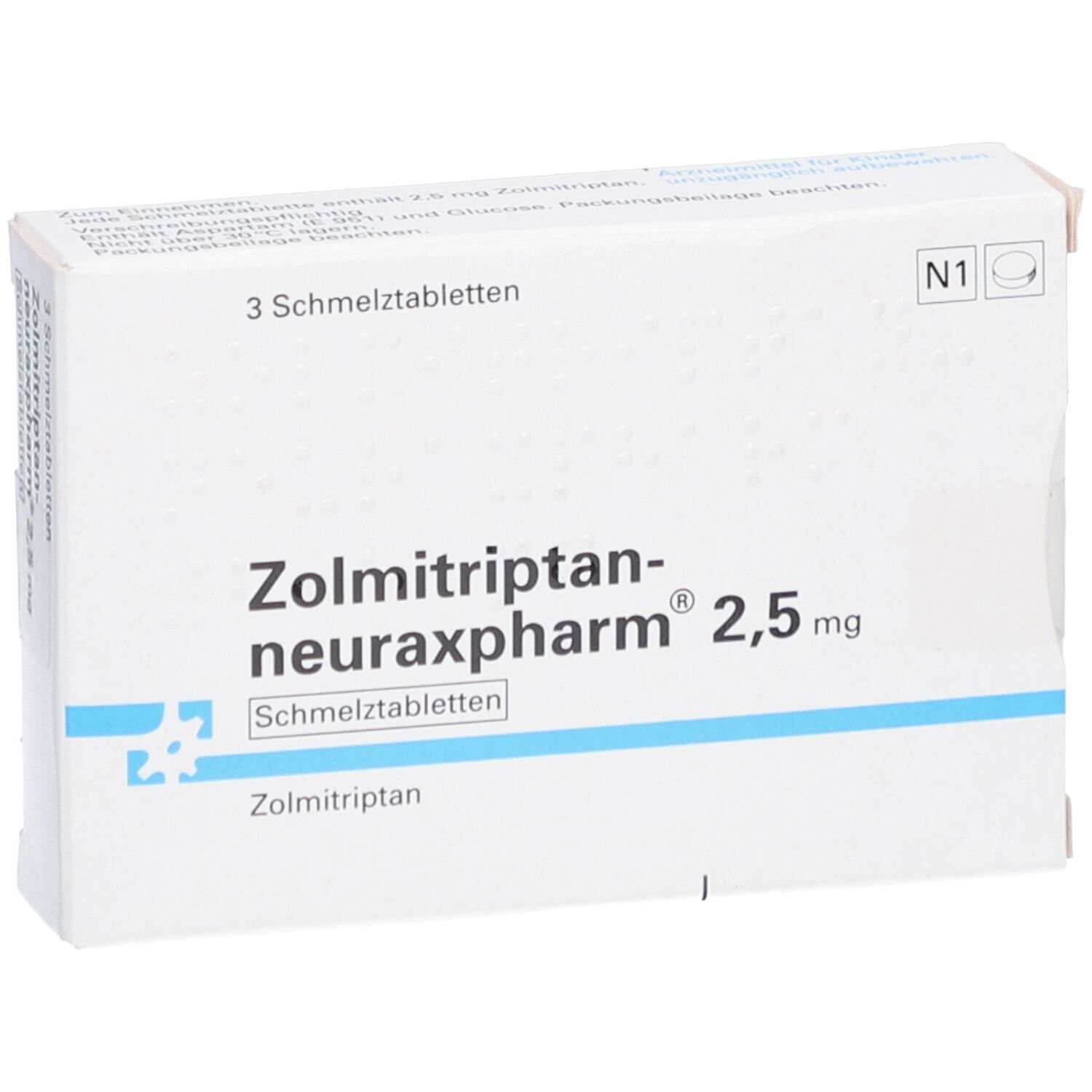 Schachtel mit Zolmitriptan-neuraxpharm® 2,5 mg. Aufschrift: 3 Schmelztabletten. Weiße Verpackung mit blauen Akzenten.