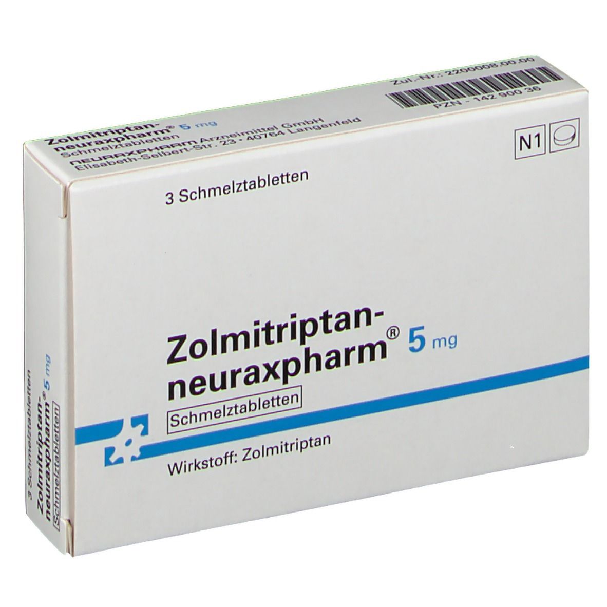 Weiße Faltschachtel mit Aufschrift Zolmitriptan-neuraxpharm® 5 mg. Enthält 3 Schmelztabletten. Blaue Streifen und Logo.