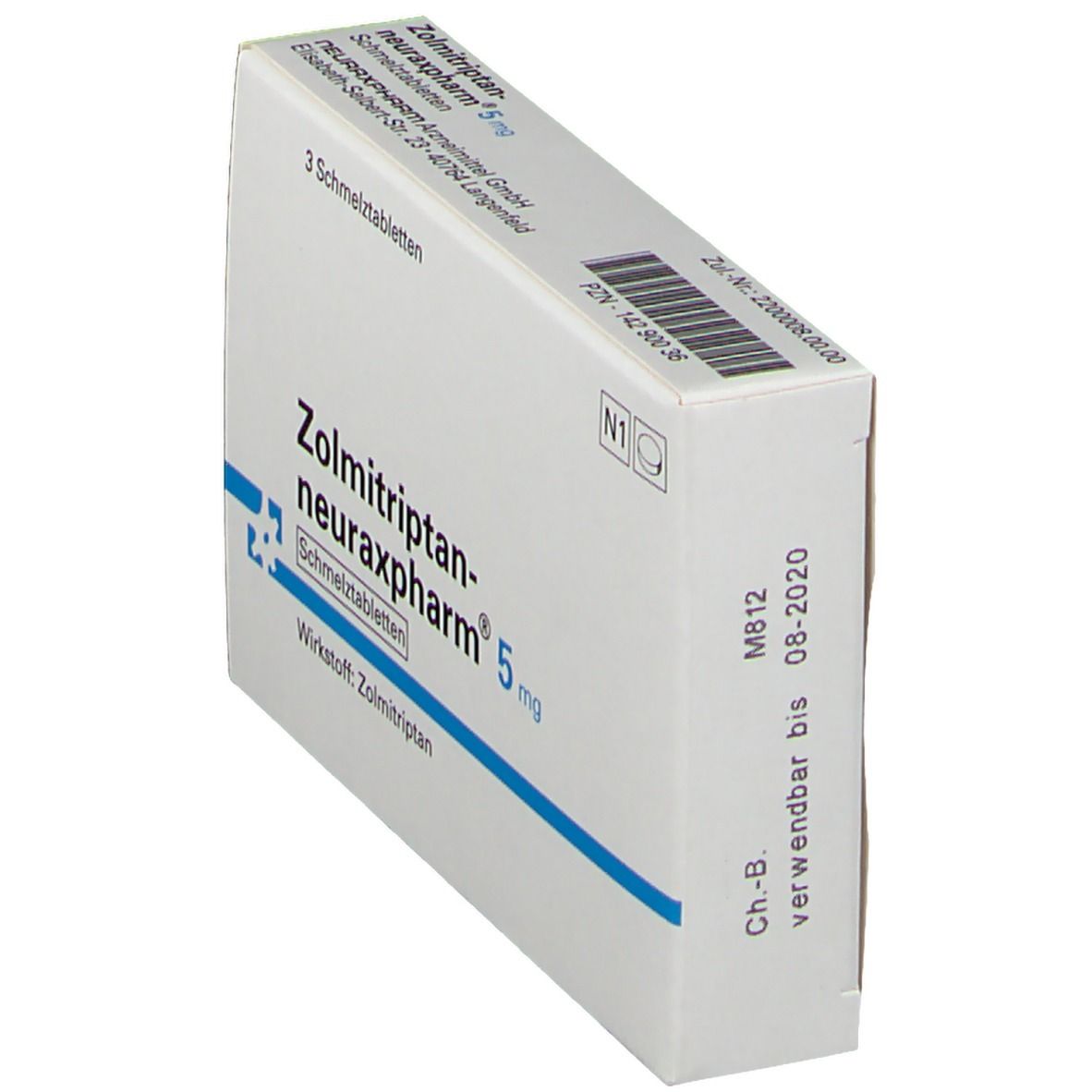 Weiße Faltschachtel mit Aufschrift Zolmitriptan-neuraxpharm® 5 mg. Enthält 3 Schmelztabletten. Haltbarkeit bis 08-2020.