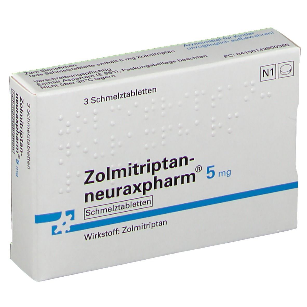 Weiße Faltschachtel mit Aufschrift Zolmitriptan-neuraxpharm® 5 mg. Enthält 3 Schmelztabletten. Blaue Streifen und Logo.