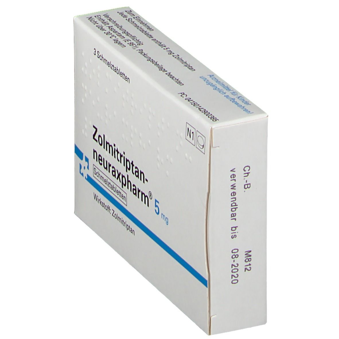 Weiße Faltschachtel mit Aufschrift Zolmitriptan-neuraxpharm® 5 mg. Enthält 3 Schmelztabletten. Haltbarkeit bis 08-2020.