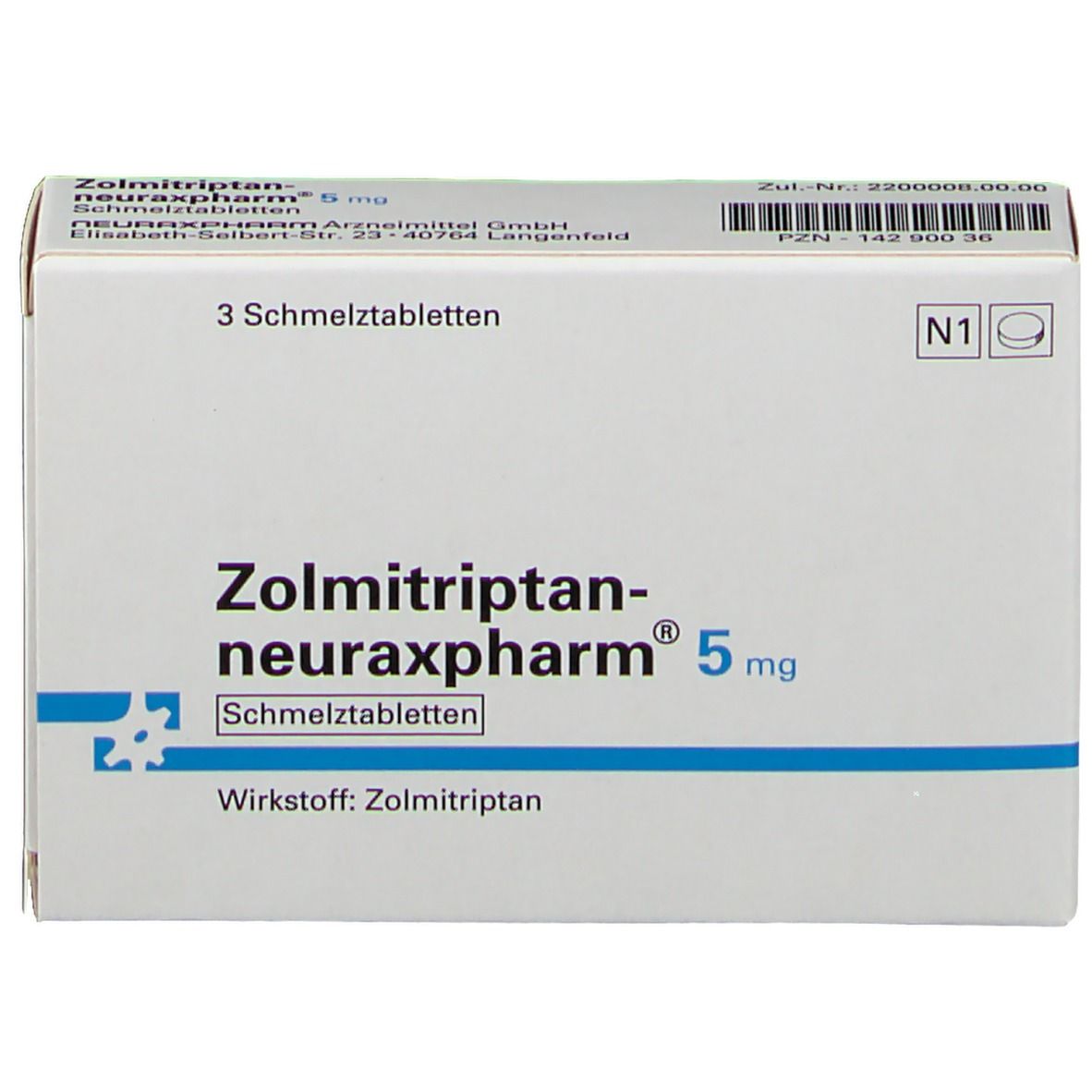 Weiße Faltschachtel mit Aufschrift Zolmitriptan-neuraxpharm® 5 mg. Enthält 3 Schmelztabletten. Blaue Streifen und Logo.