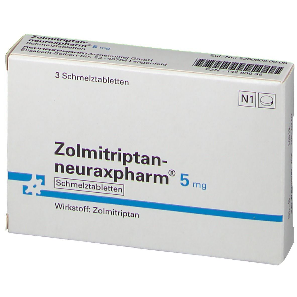 Weiße Faltschachtel mit Aufschrift Zolmitriptan-neuraxpharm® 5 mg. Enthält 3 Schmelztabletten. Blaue Streifen und Logo.