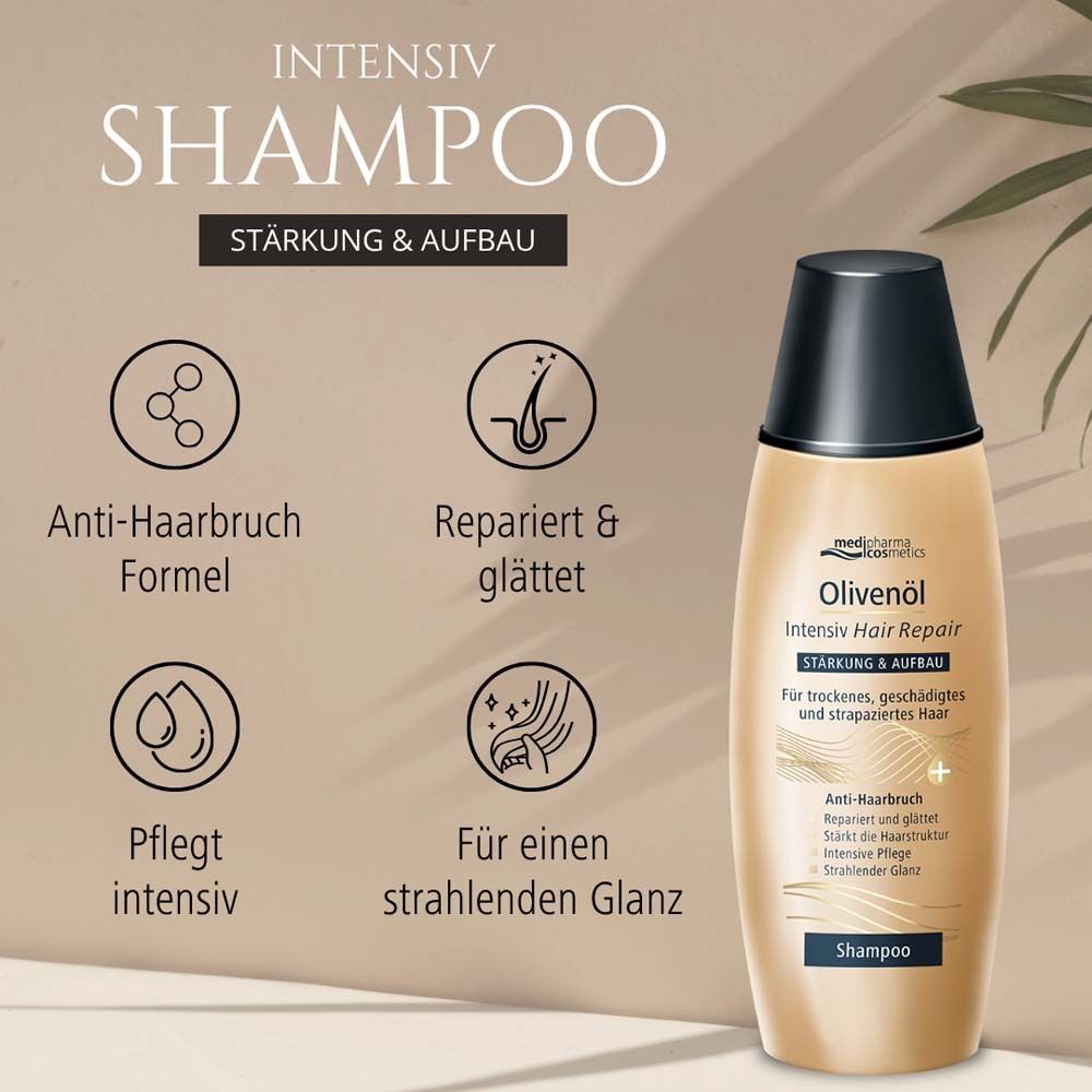 Shampoo-Flasche mit Icons: Anti-Haarbruch, repariert & glättet, pflegt intensiv, für strahlenden Glanz. Text: Intensiv Shampoo.