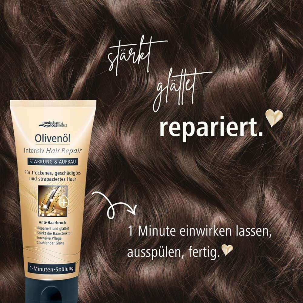 Tube Olivenöl Intensiv Hair Repair vor braunem Haar. Text: Stärkt, glättet, repariert. 1 Minute einwirken lassen, ausspülen, fertig.