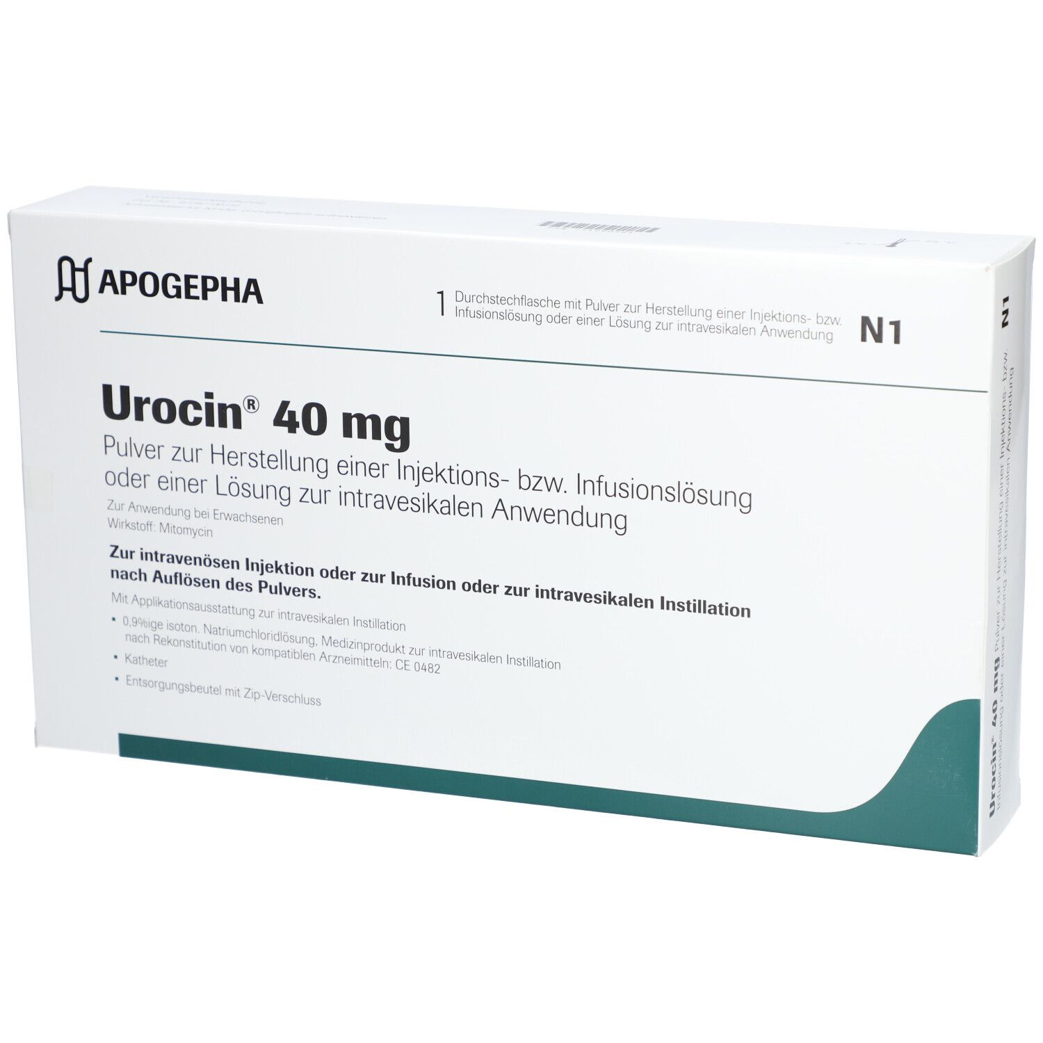 Urocin® 40 mg-Verpackung. Weißer Karton mit Produktnamen und Logo. Enthält Pulver zur Herstellung einer Injektions- bzw. Infusionslösung.