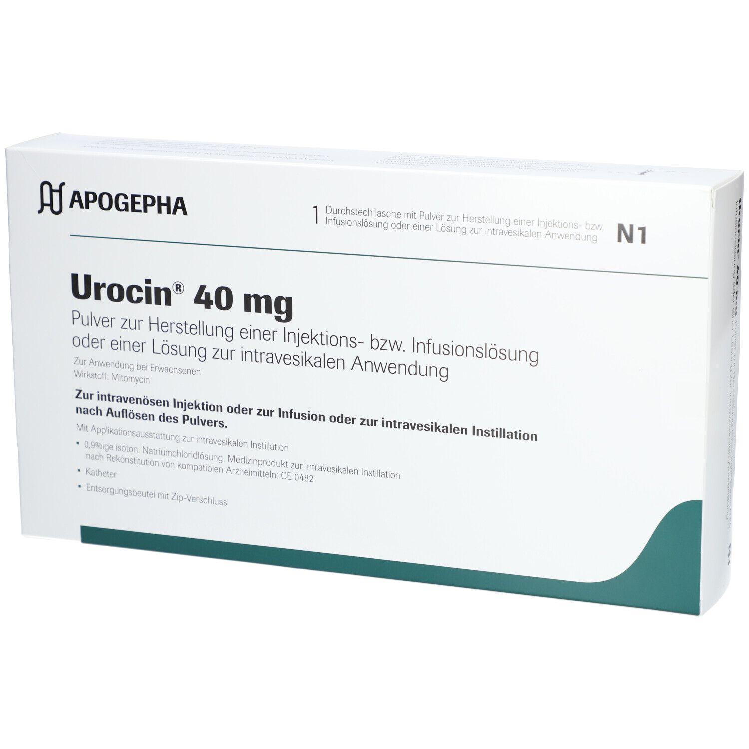 Urocin® 40 mg-Verpackung. Weißer Karton mit Produktnamen und Logo. Enthält Pulver zur Herstellung einer Injektions- bzw. Infusionslösung.