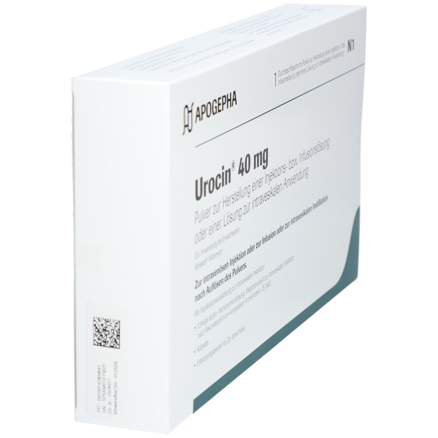 Urocin® 40 mg-Verpackung, Seitenansicht. Weißer Karton mit Produktnamen und Logo. Enthält Pulver zur Herstellung einer Injektions- bzw. Infusionslösung.