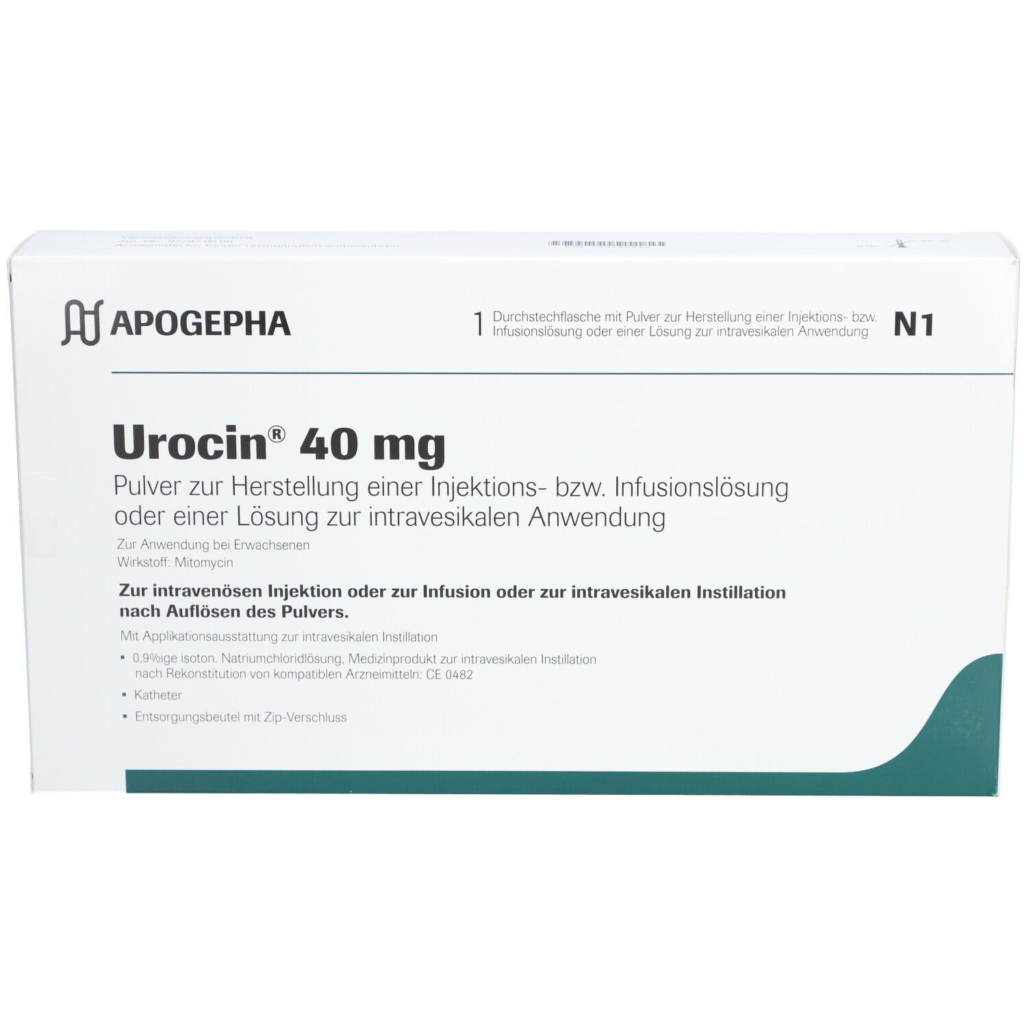 Urocin® 40 mg-Verpackung. Weißer Karton mit Produktnamen und Logo. Enthält Pulver zur Herstellung einer Injektions- bzw. Infusionslösung.