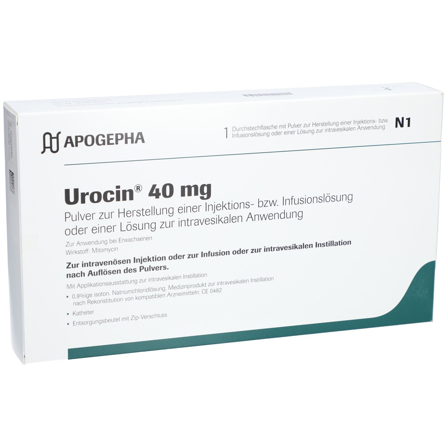 Urocin® 40 mg-Verpackung. Weißer Karton mit Produktnamen und Logo. Enthält Pulver zur Herstellung einer Injektions- bzw. Infusionslösung.