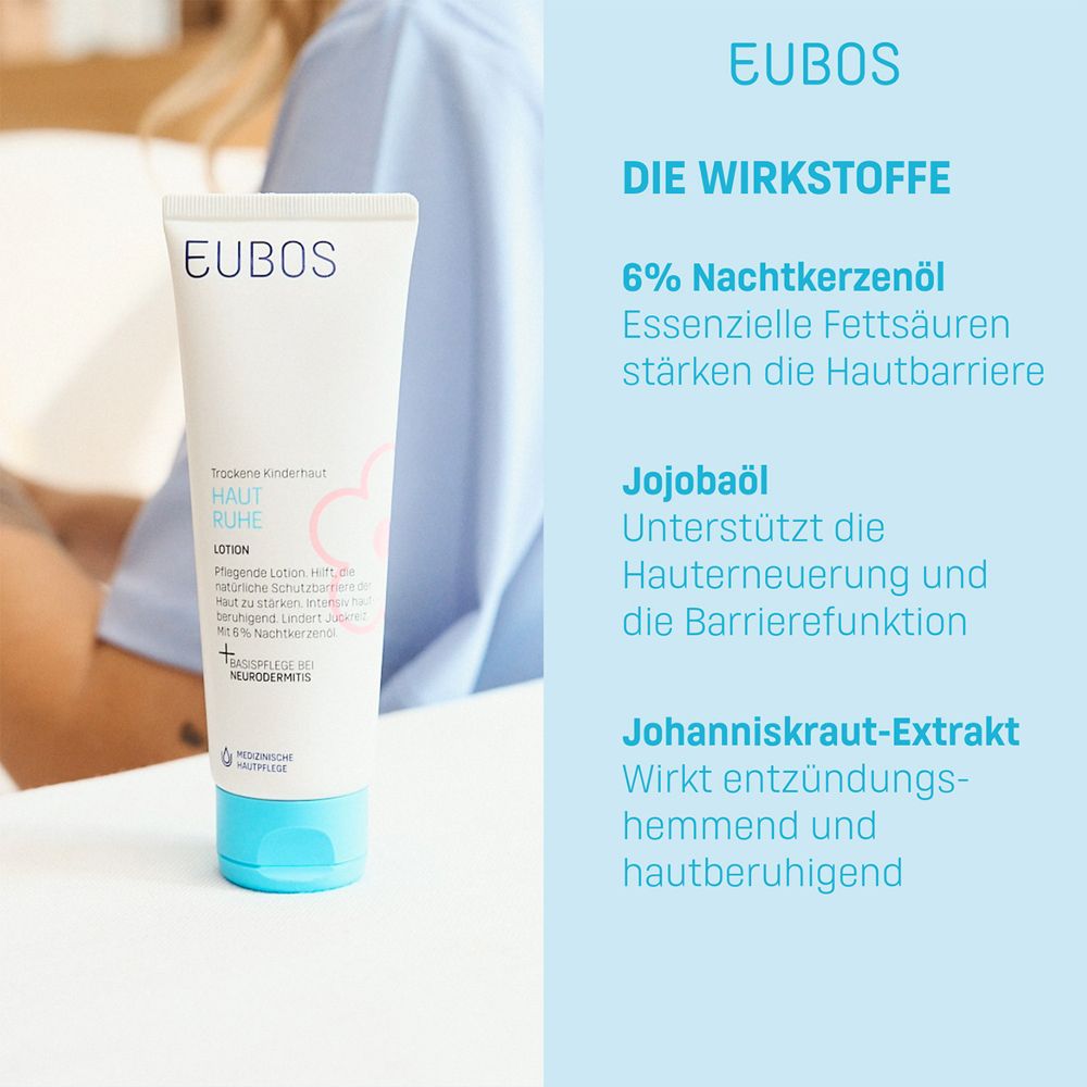 Hintergrund mit Text und Produkt. EUBOS-Logo. Produkt: HAUT RUHE Lotion. Inhaltsstoffe: Nachtkerzenöl, Jojobaöl, Johanniskraut-Extrakt.