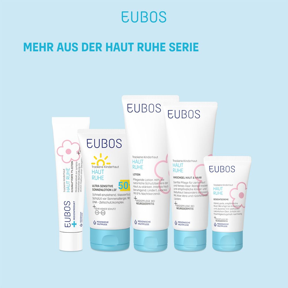 Hintergrund mit Produkten. EUBOS-Logo. Produkte der HAUT RUHE Serie. Lotion, Sonnenlotion, Waschgel, Gesichtscreme.