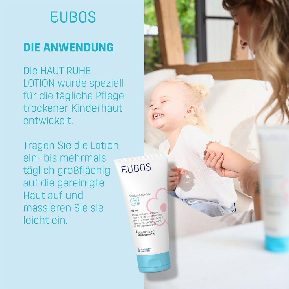 Hintergrund mit Text und Person. EUBOS-Logo. Text: Die Anwendung. Lotion für trockene Kinderhaut. Kind.
