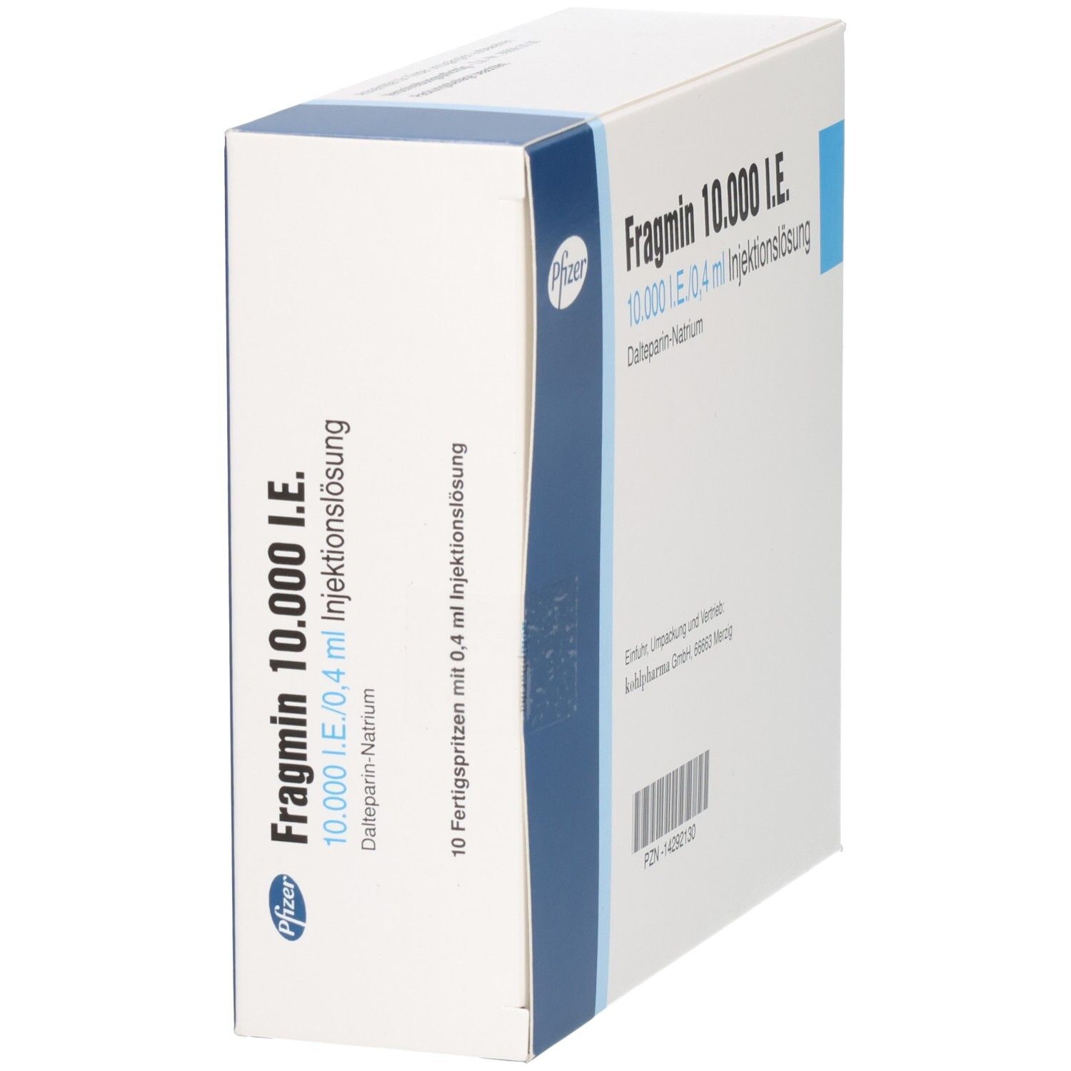 Weißer Karton mit blauer Akzentfarbe. Aufschrift: Fragmin 10.000 I.E. und Pfizer-Logo. Enthält 10 Fertigspritzen.