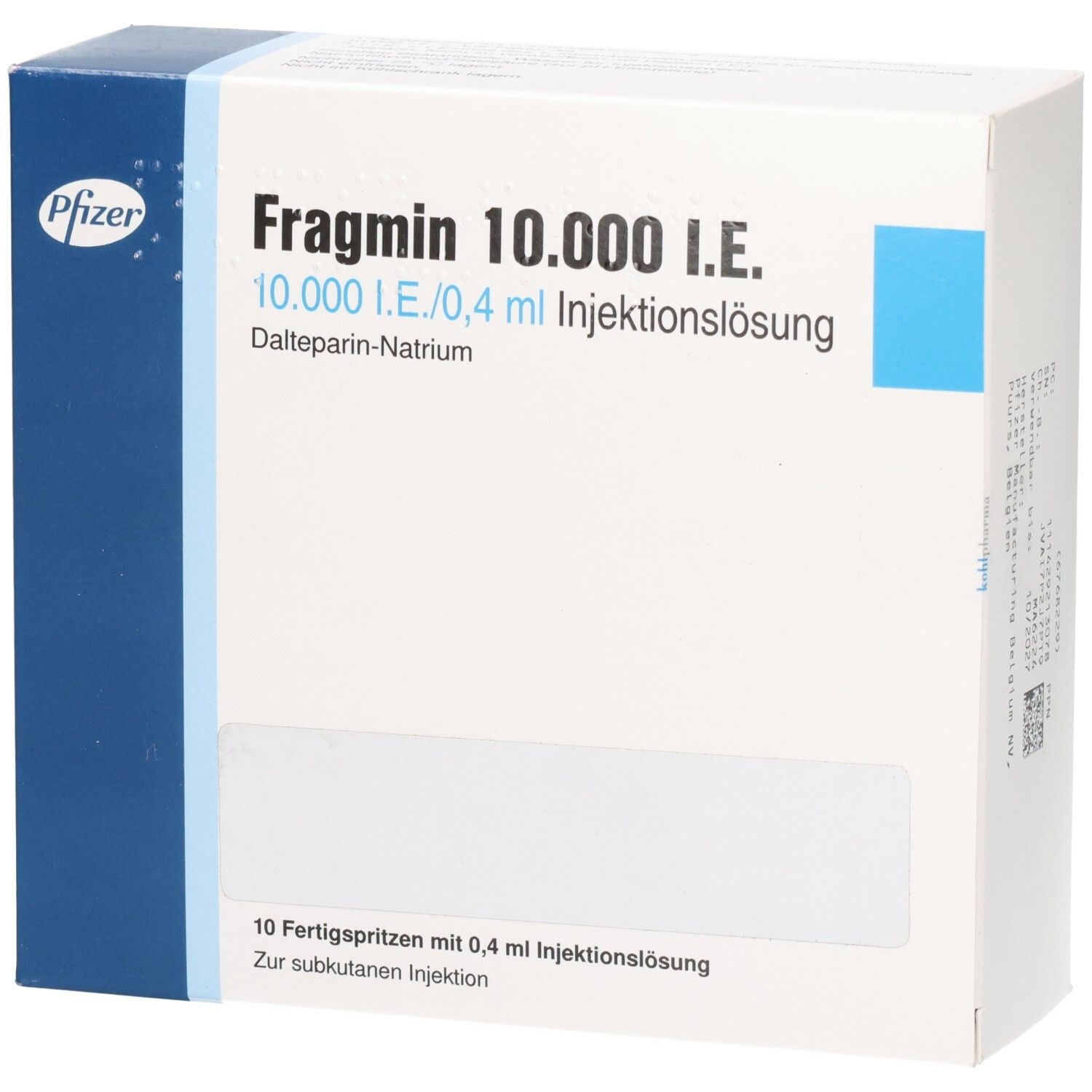 Weißer Karton mit blauer Akzentfarbe. Aufschrift: Fragmin 10.000 I.E. und Pfizer-Logo. Enthält 10 Fertigspritzen.