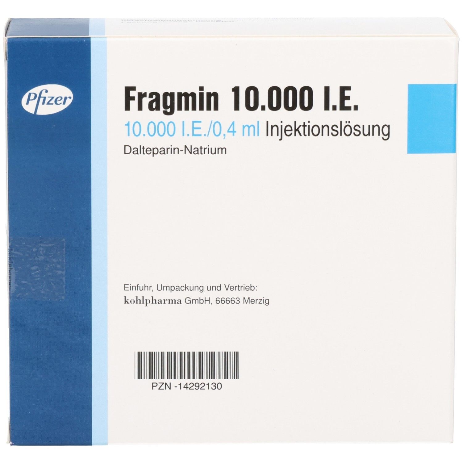 Weißer Karton mit blauer Akzentfarbe. Aufschrift: Fragmin 10.000 I.E. und Pfizer-Logo. Enthält 10 Fertigspritzen.