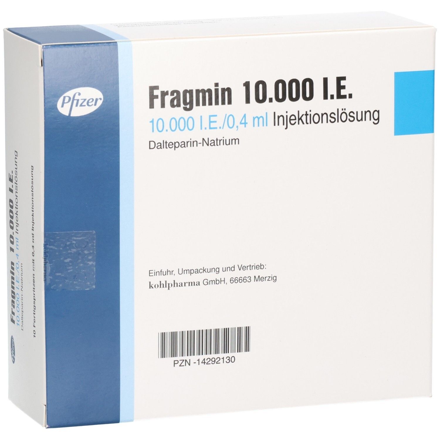 Weißer Karton mit blauer Akzentfarbe. Aufschrift: Fragmin 10.000 I.E. und Pfizer-Logo. Enthält 10 Fertigspritzen.