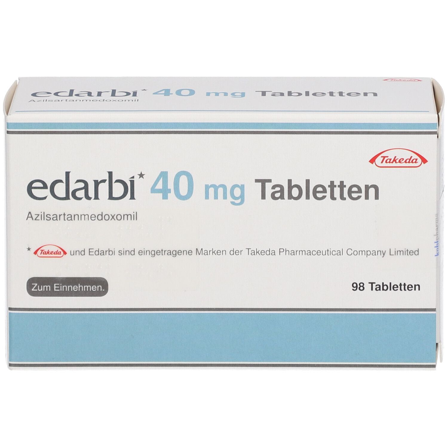 Edarbi 40 mg Tabletten Schachtel mit 98 Tabletten. Azilsartanmedoxomil. Takeda.