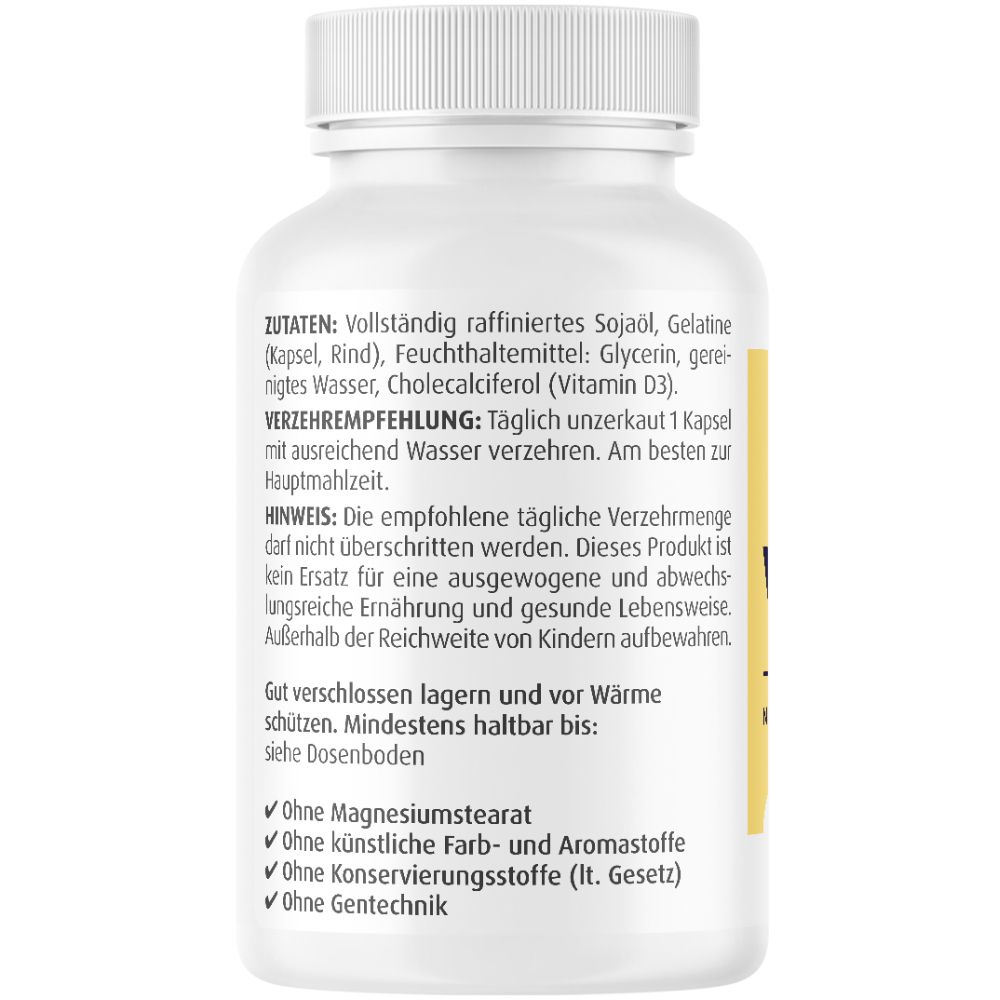 Rückseite der Vitamin D3 Kapseln Flasche. Zutaten, Verzehrempfehlung, Hinweis. Zein Pharma.