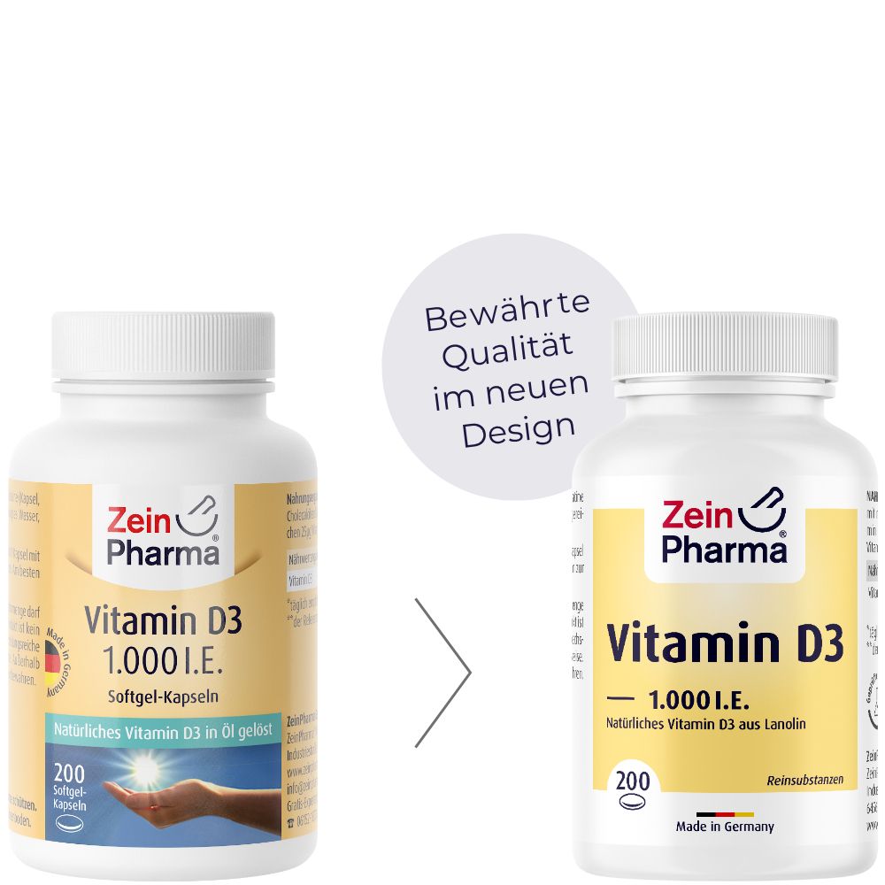 Vergleich: Vitamin D3 Kapseln Flasche. Links: altes Design. Rechts: neues Design. Zein Pharma.