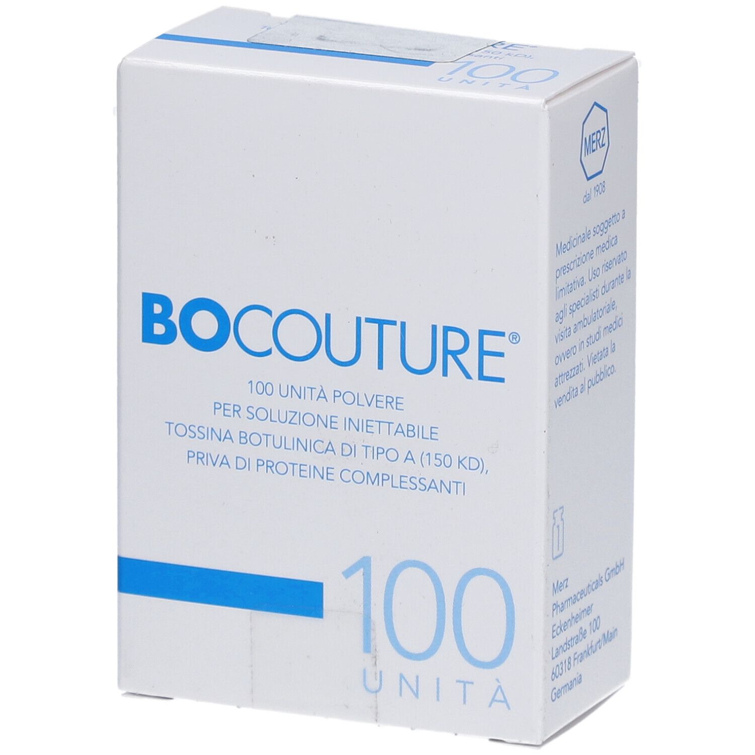 Weiße Faltschachtel mit blauer Schrift. Aufschrift: BOCOUTURE, 100 UNITÀ, TOSSINA BOTULINICA DI TIPO A. MERZ-Logo.