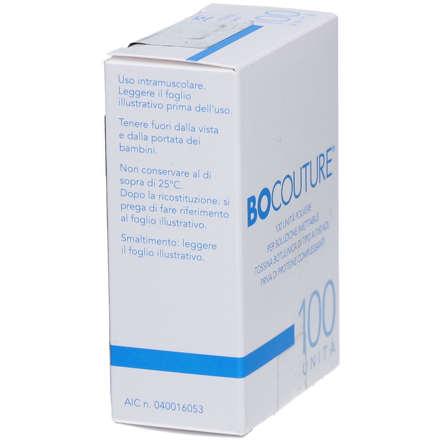Weiße Faltschachtel mit blauer Schrift. Aufschrift: BOCOUTURE, 100 UNITÀ. Text in italienischer Sprache. AIC-Nummer.