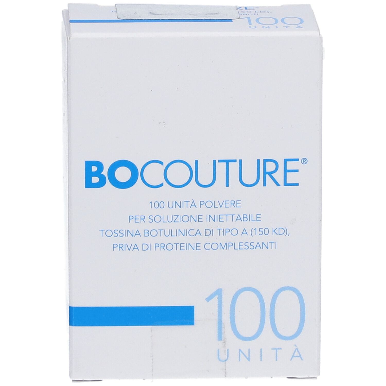 Weiße Faltschachtel mit blauer Schrift. Aufschrift: BOCOUTURE, 100 UNITÀ, TOSSINA BOTULINICA DI TIPO A. 100 UNITÀ.