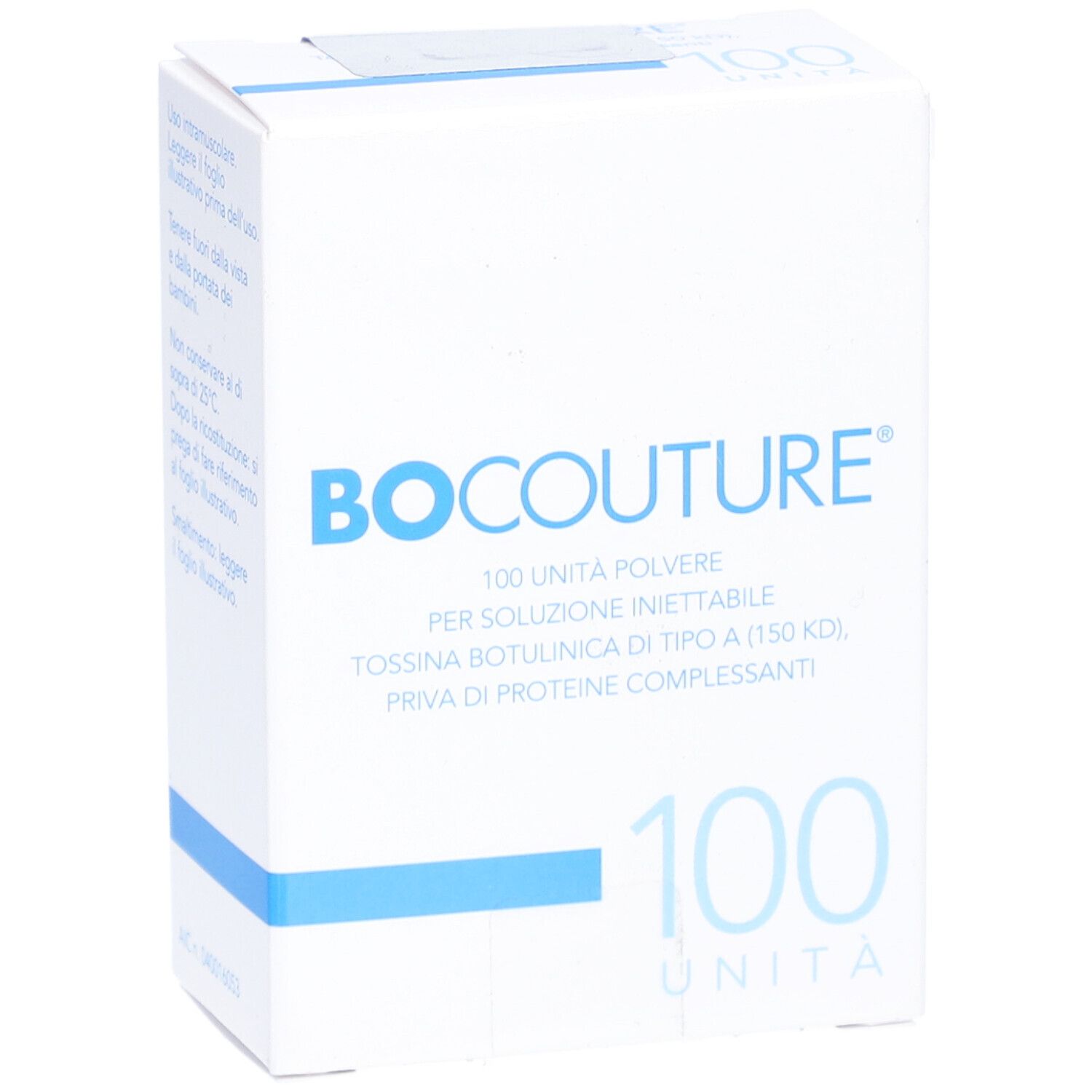 Weiße Faltschachtel mit blauer Schrift. Aufschrift: BOCOUTURE, 100 UNITÀ, TOSSINA BOTULINICA DI TIPO A. 100 UNITÀ.