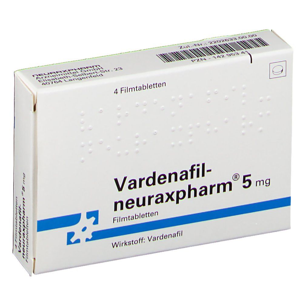 Schachtel Vardenafil-neuraxpharm 5 mg. Blaue Streifen, weiße Schrift. 4 Filmtabletten. Wirkstoff: Vardenafil. PZN und Zul.-Nr. aufgedruckt.