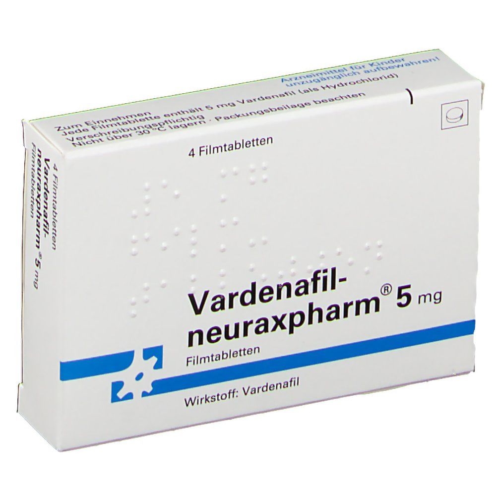 Schachtel Vardenafil-neuraxpharm 5 mg. 4 Filmtabletten. Text: Zum Einnehmen, Packungsbeilage beachten. Wirkstoff: Vardenafil. Weiße Schachtel mit blauen Akzenten.