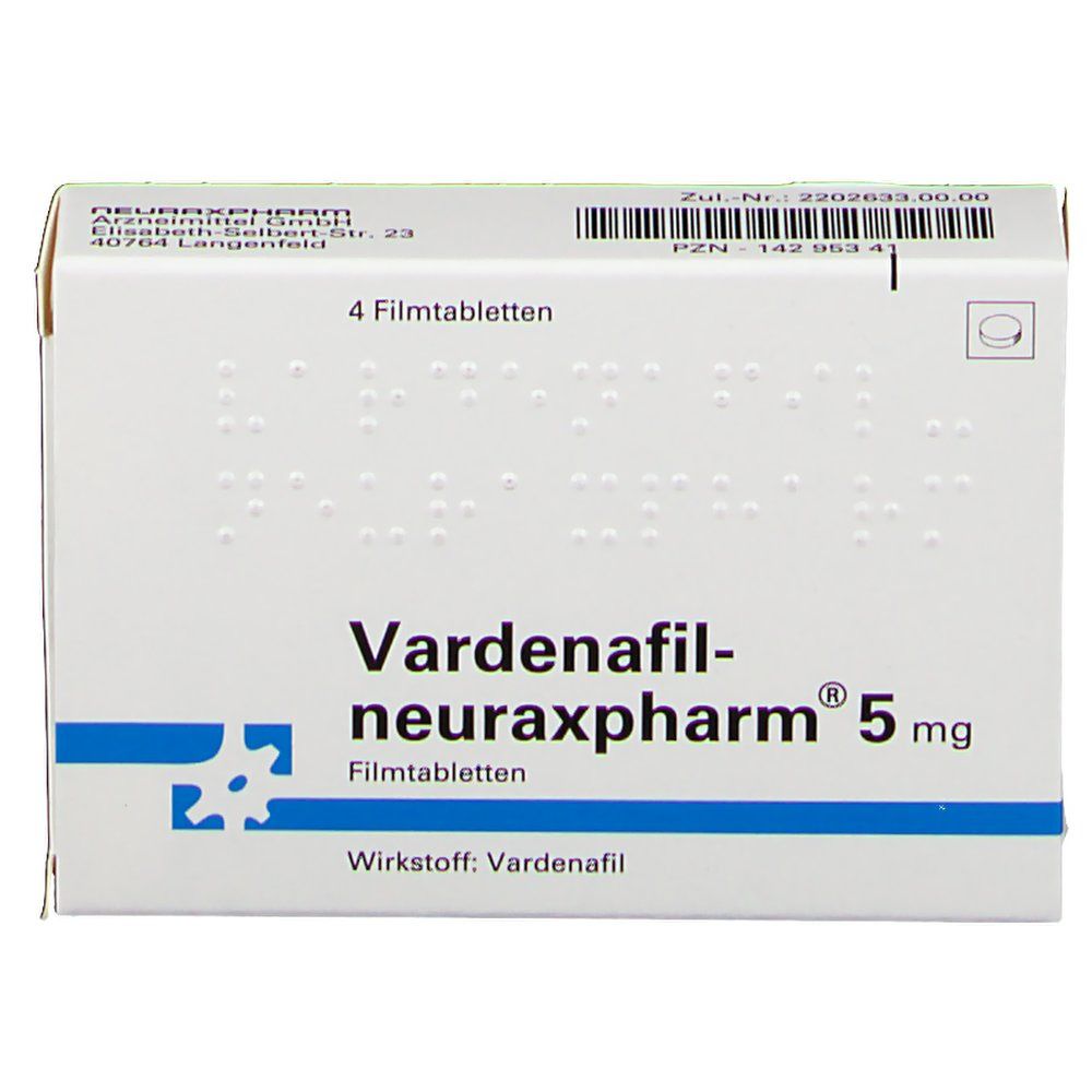 Schachtel Vardenafil-neuraxpharm 5 mg. 4 Filmtabletten. Wirkstoff: Vardenafil. PZN und Zul.-Nr. aufgedruckt. Weiße Schachtel mit blauen Akzenten.