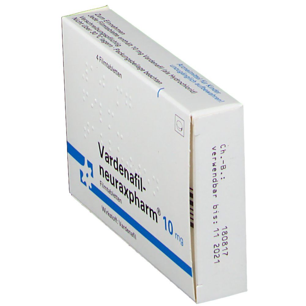Schachtel Vardenafil-neuraxpharm® 10 mg. Blaue und weiße Verpackung. Enthält 4 Filmtabletten. Verfallsdatum 11.2021. Text in deutscher Sprache.