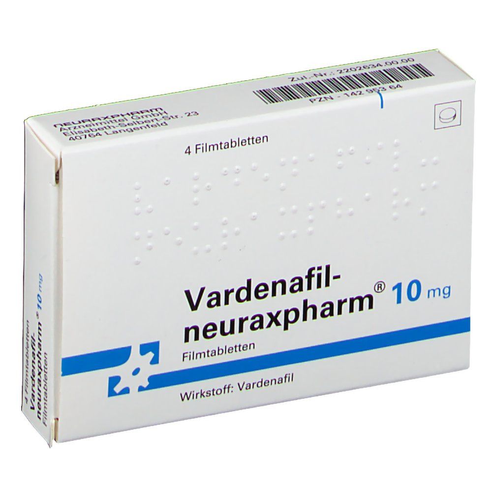 Schachtel mit Vardenafil-neuraxpharm® 10 mg. Blaue und weiße Verpackung. Enthält 4 Filmtabletten. Text in deutscher Sprache.