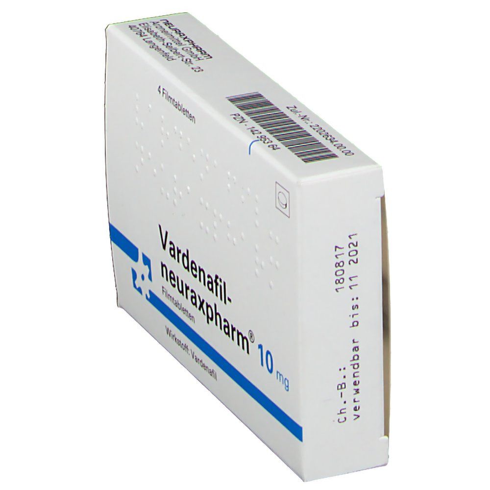 Schachtel Vardenafil-neuraxpharm® 10 mg. Blaue und weiße Verpackung. Enthält 4 Filmtabletten. Verfallsdatum 11.2021. Text in deutscher Sprache.