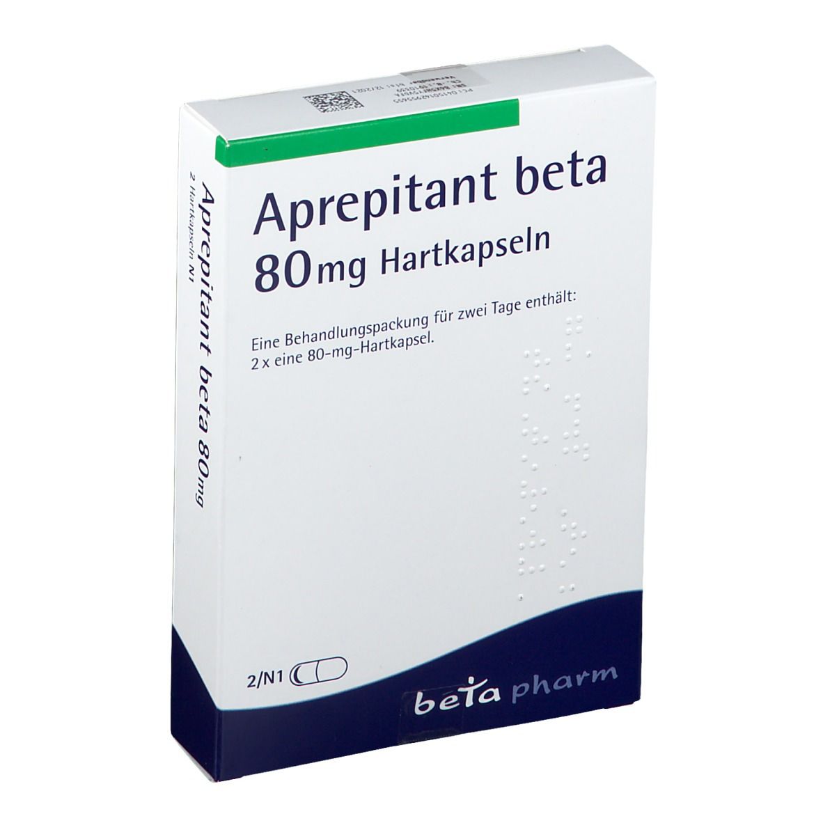 Schachtel mit Aprepitant beta 80mg Hartkapseln. Weiß, grün und blau. Beschriftung: beta pharm.