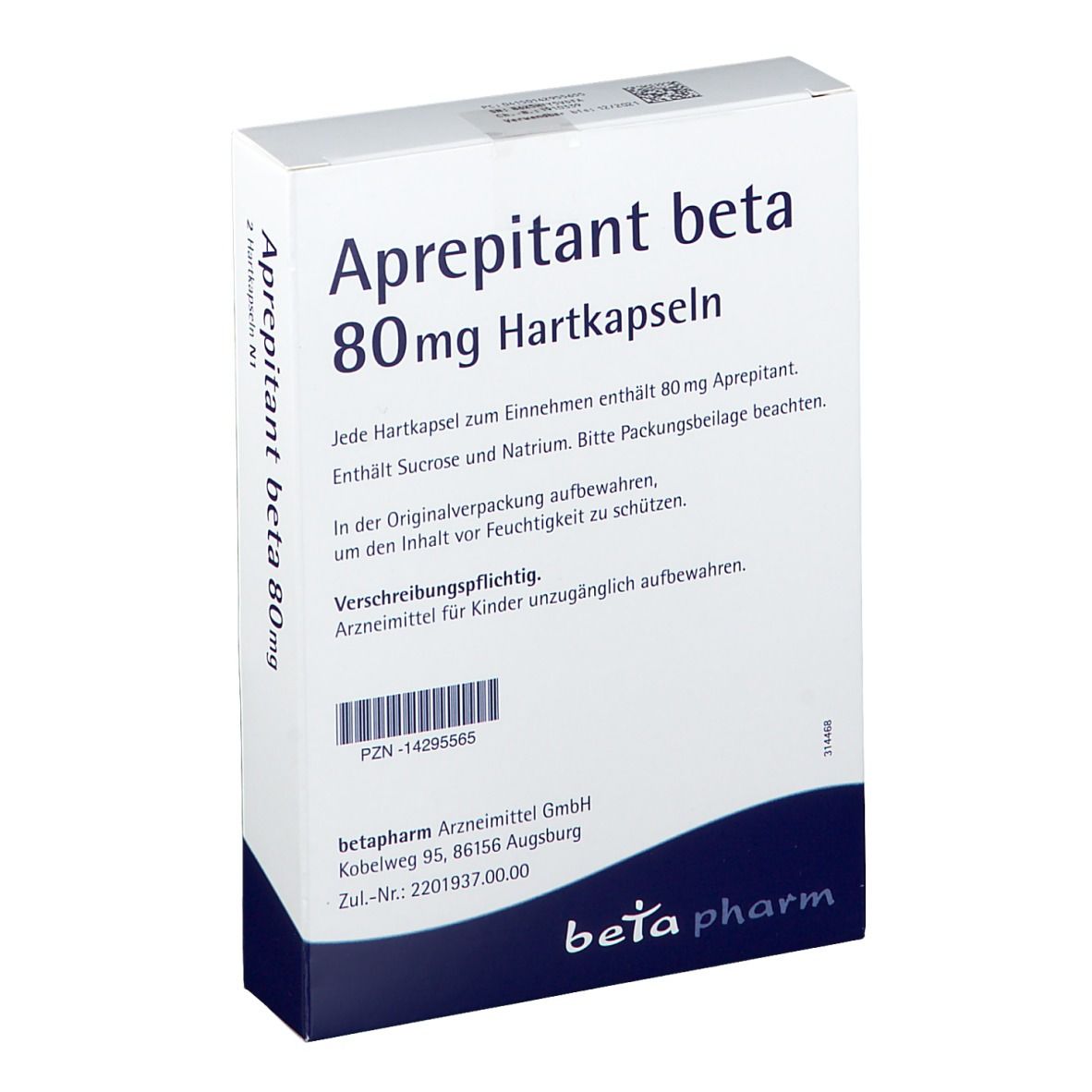 Aprepitant beta 80mg Hartkapseln-Schachtel. Weiß, grün und blau. Beschriftung: beta pharm. PZN-14295565.