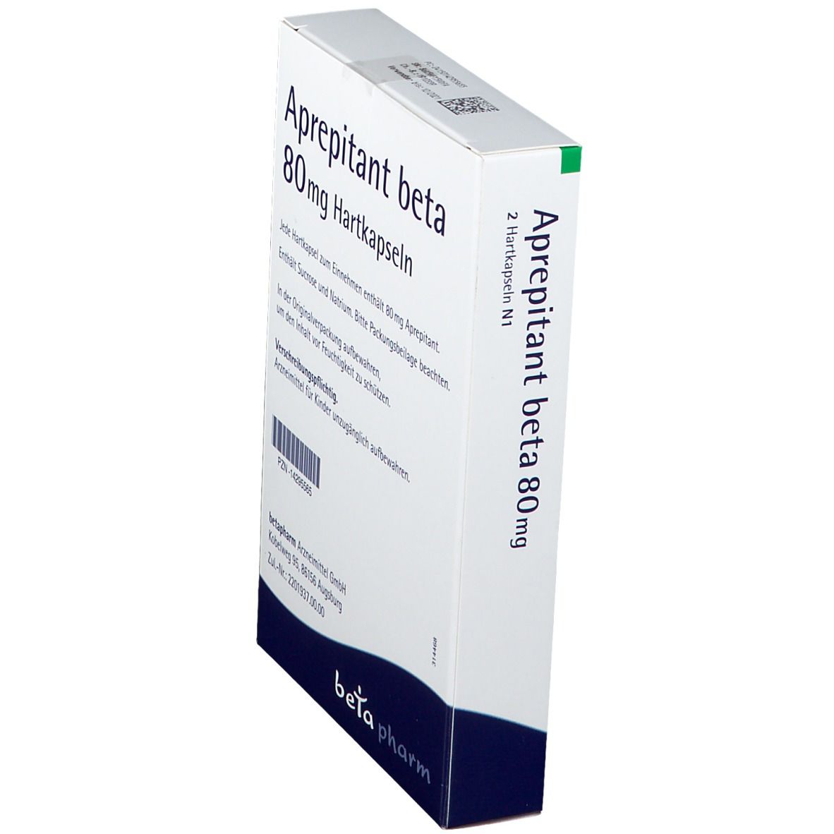 Aprepitant beta 80mg Hartkapseln-Schachtel, schräg. Weiß, grün und blau. Beschriftung: beta pharm.