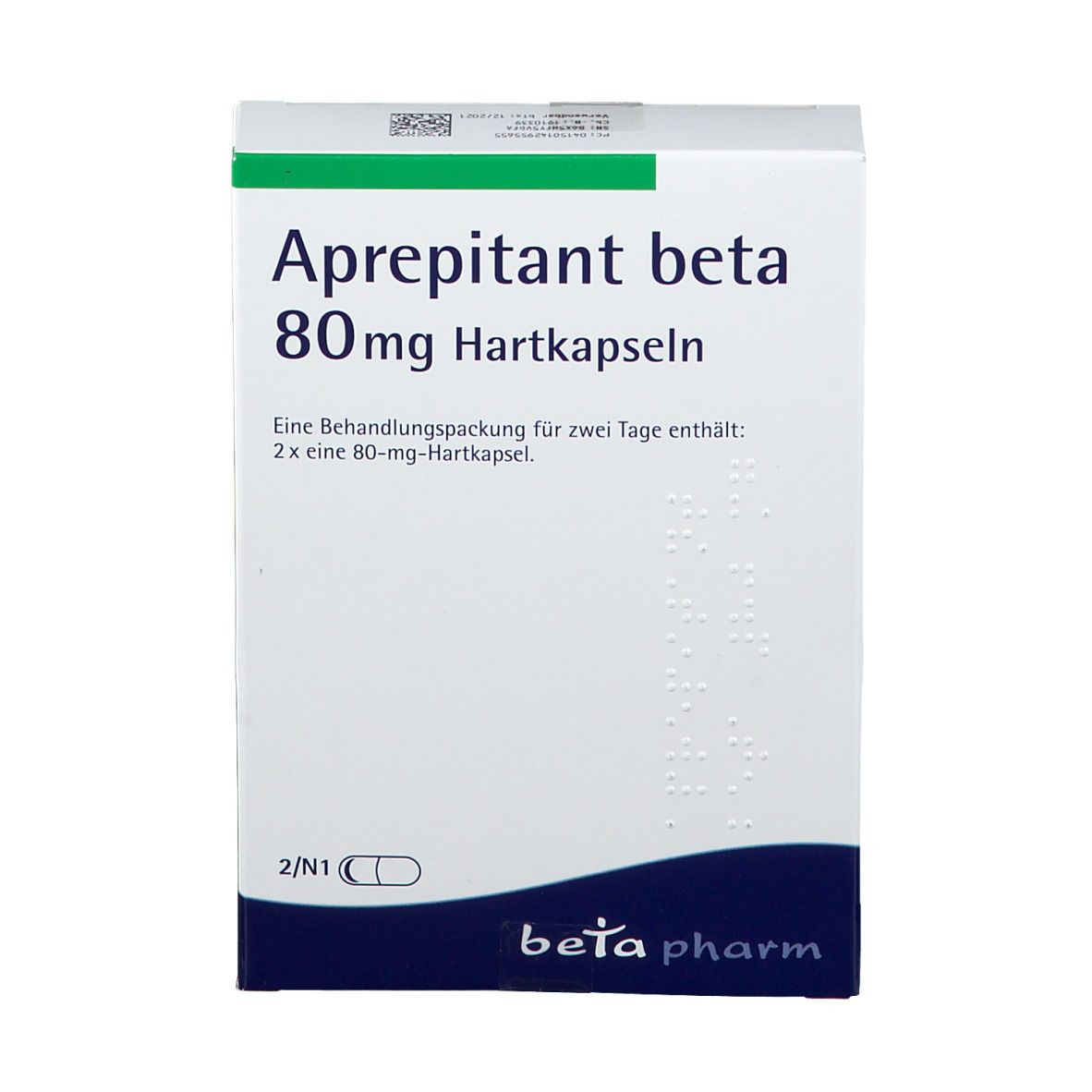 Aprepitant beta 80mg Hartkapseln-Schachtel. Weiß, grün und blau. Beschriftung: beta pharm. 2/N1.