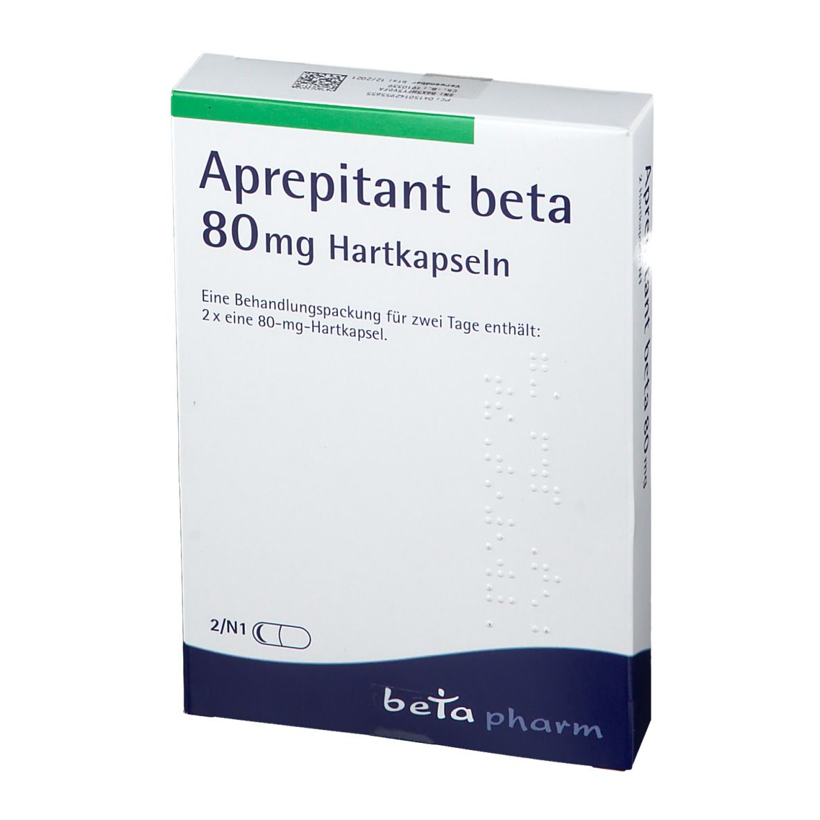 Aprepitant beta 80mg Hartkapseln-Schachtel. Weiß, grün und blau. Beschriftung: beta pharm. 2/N1.