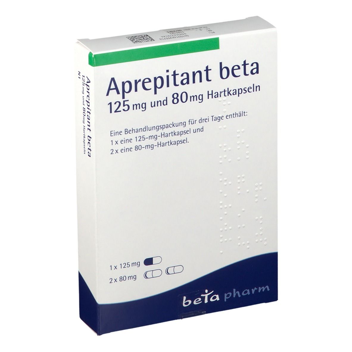 Schachtel mit Aprepitant beta 125 mg und 80 mg Hartkapseln. Enthält 1x125 mg und 2x80 mg Kapseln. Logo: beta pharm.