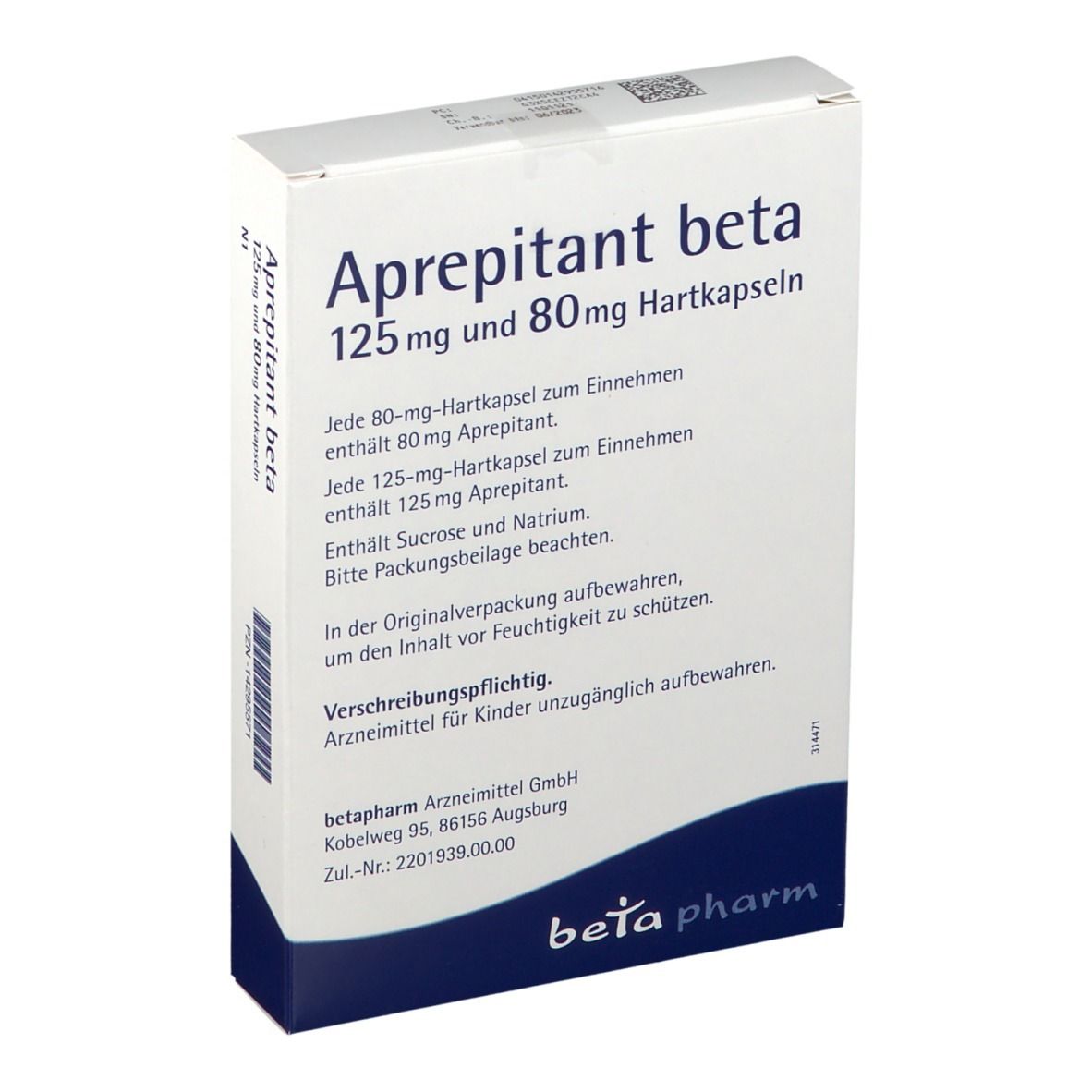 Schachtel Aprepitant beta, 125 mg und 80 mg Hartkapseln. Textinformationen. Logo: beta pharm. Anschrift: betapharm Arzneimittel GmbH.