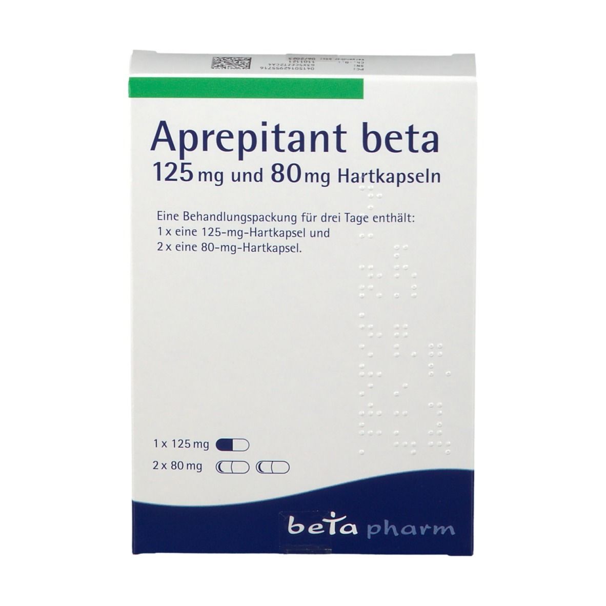 Schachtel Aprepitant beta, 125 mg und 80 mg Hartkapseln. Enthält 1x125 mg und 2x80 mg Kapseln. Logo: beta pharm.
