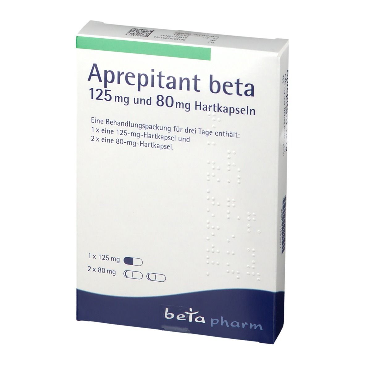 Schachtel Aprepitant beta, 125 mg und 80 mg Hartkapseln. Enthält 1x125 mg und 2x80 mg Kapseln. Logo: beta pharm.