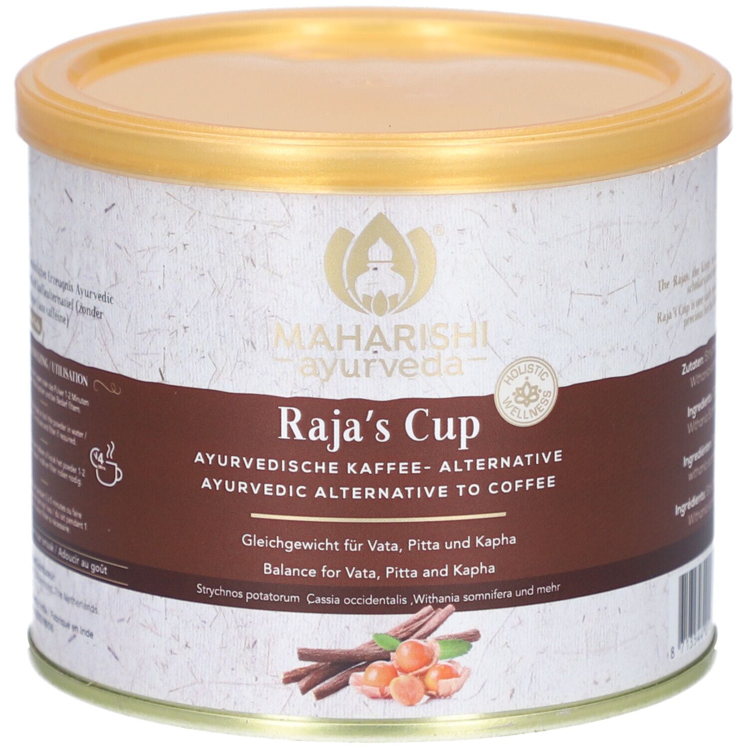 Runde Dose mit goldfarbenem Deckel. Aufschrift: Raja's Cup, ayurvedisches Kaffee-Surrogat. Abbildung von Zimtstangen und Nüssen.