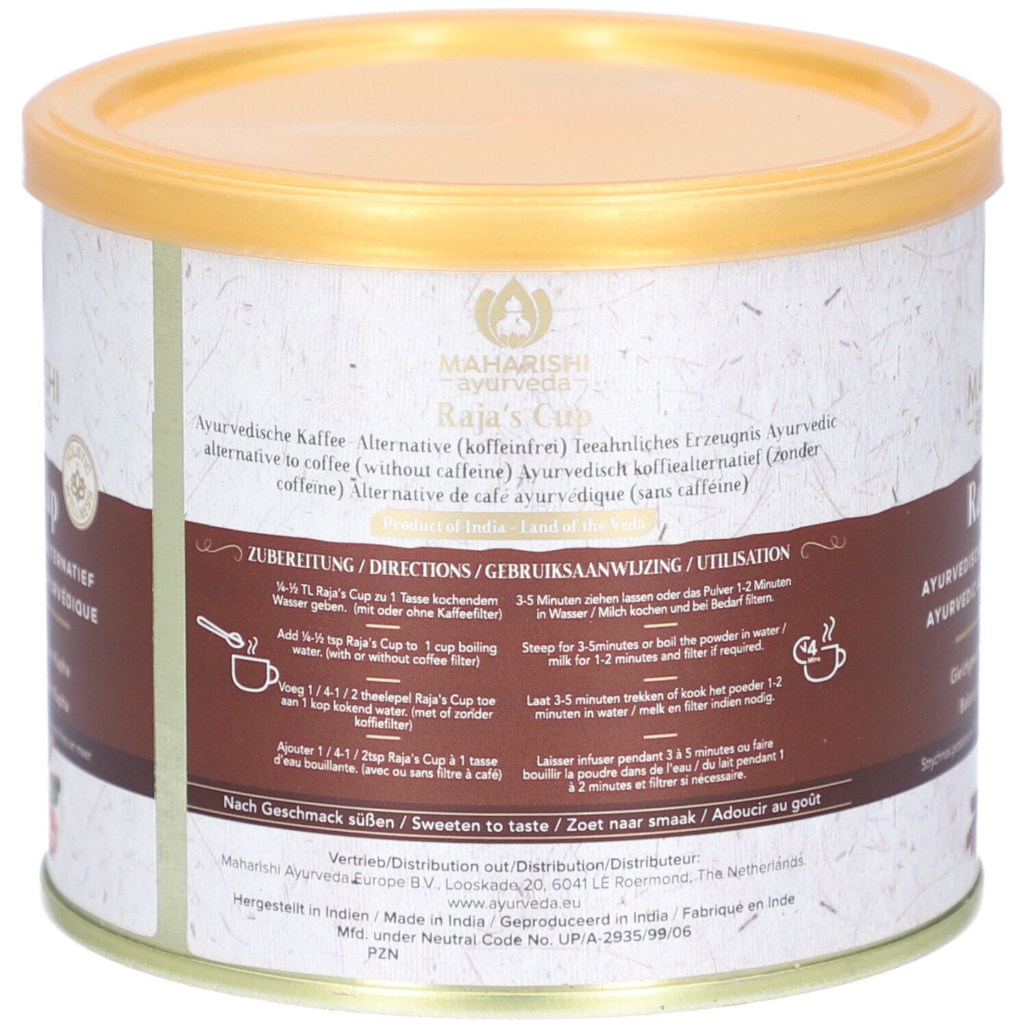 Runde Dose mit goldfarbenem Deckel. Rückseite mit Zubereitungshinweisen in mehreren Sprachen. Illustrationen von Tassen und Kaffeefiltern.