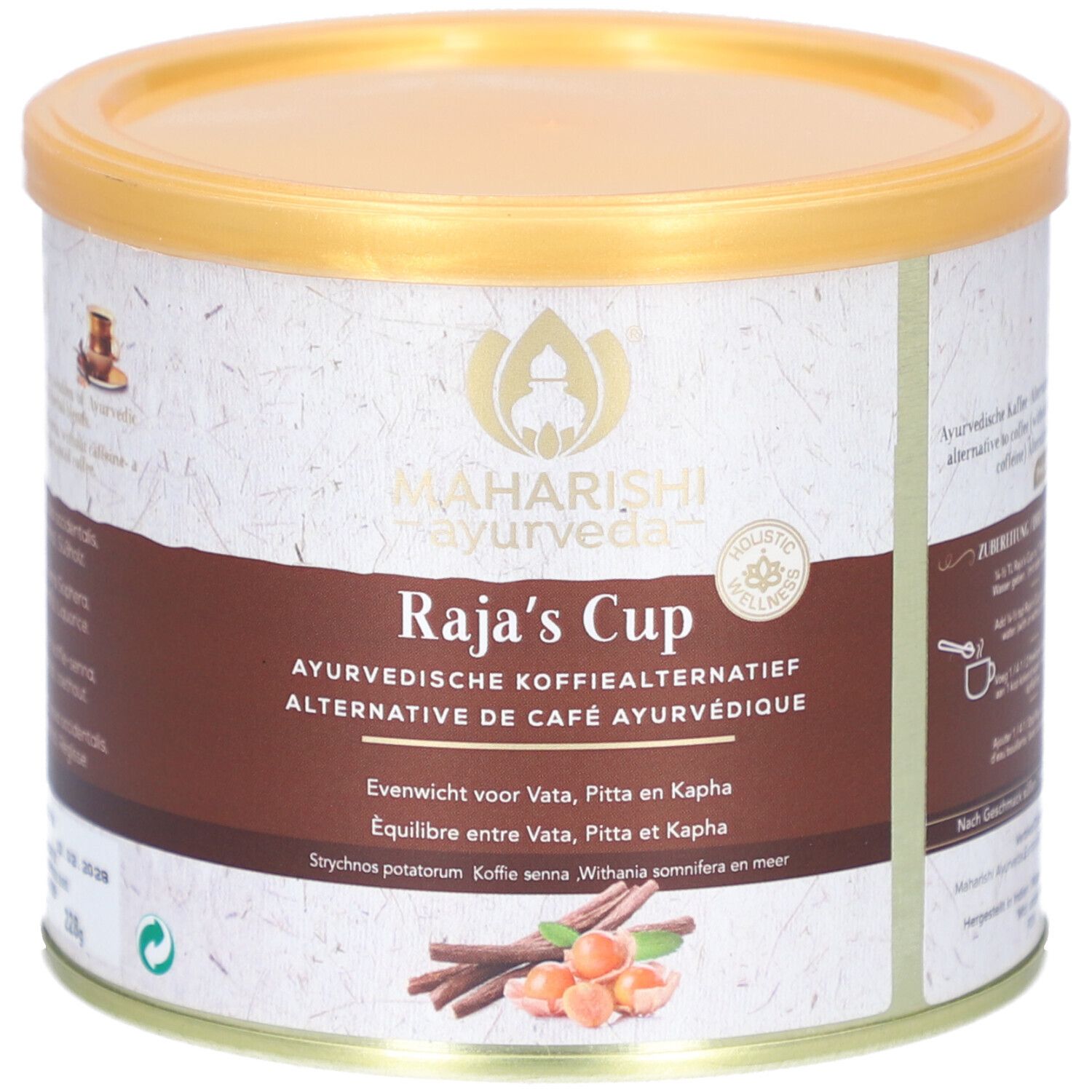 Runde Dose mit goldfarbenem Deckel. Aufschrift: Raja's Cup, ayurvedisches Kaffee-Surrogat. Abbildung von Zimtstangen und Nüssen.