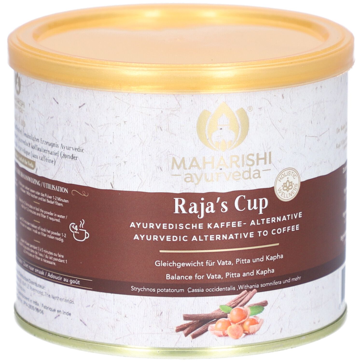 Runde Dose mit goldfarbenem Deckel. Aufschrift: Raja's Cup, ayurvedisches Kaffee-Surrogat. Abbildung von Zimtstangen und Nüssen.