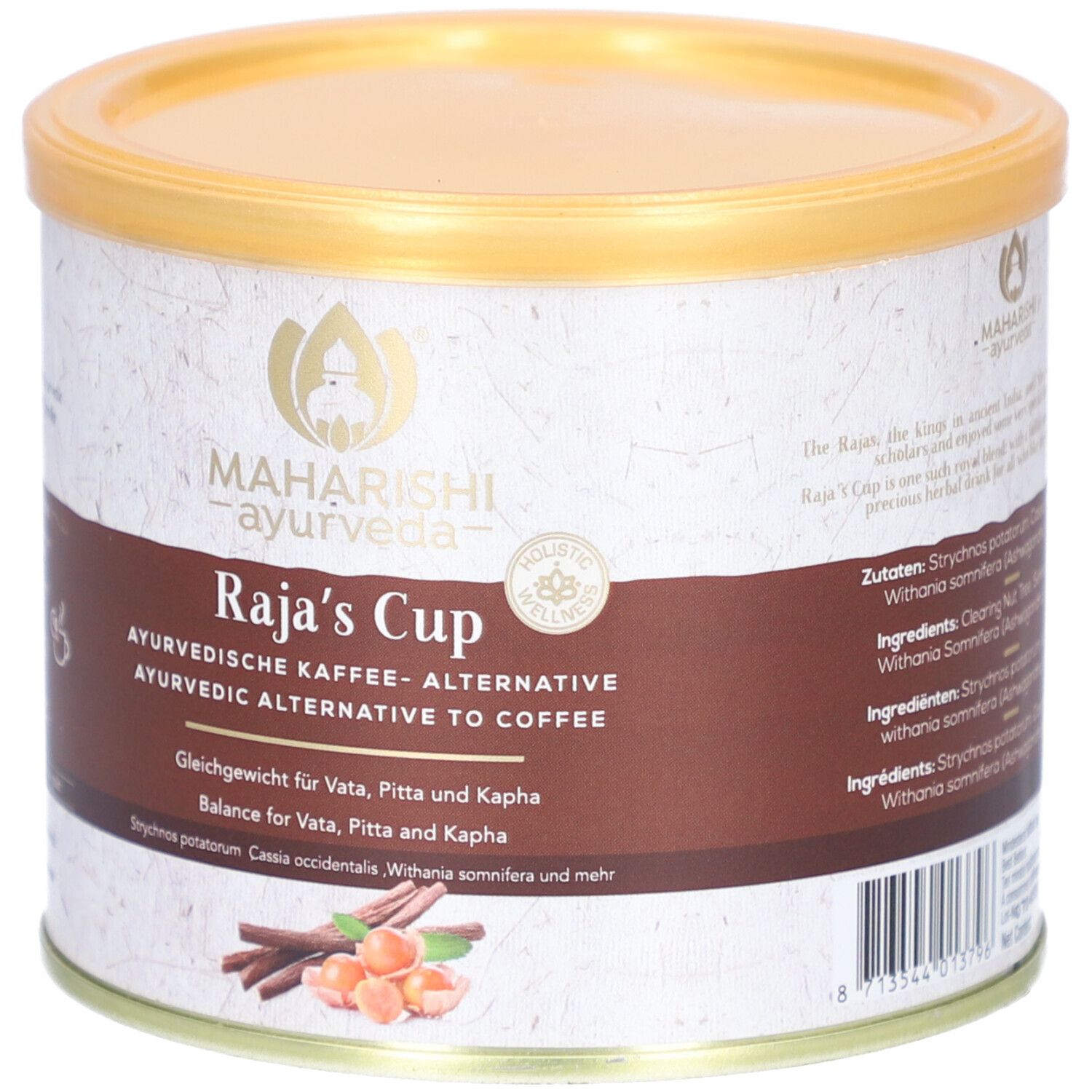 Runde Dose mit goldfarbenem Deckel. Aufschrift: Raja's Cup, ayurvedisches Kaffee-Surrogat. Zutatenliste.