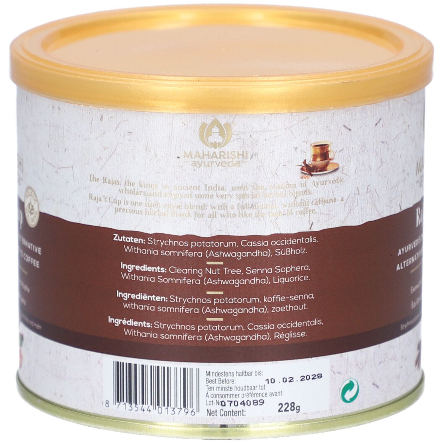 Runde Dose mit goldfarbenem Deckel. Rückseite mit Zutatenliste, Mindesthaltbarkeitsdatum und Barcode. Gewicht: 228g.